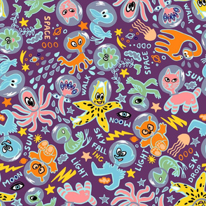 Funny aliens and space animals_pop art style_purple and bold_for kids and sewing.
