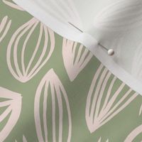 Abstract organic Scandinavian style shells leaf shapes nursery soft nude cream on olive green 