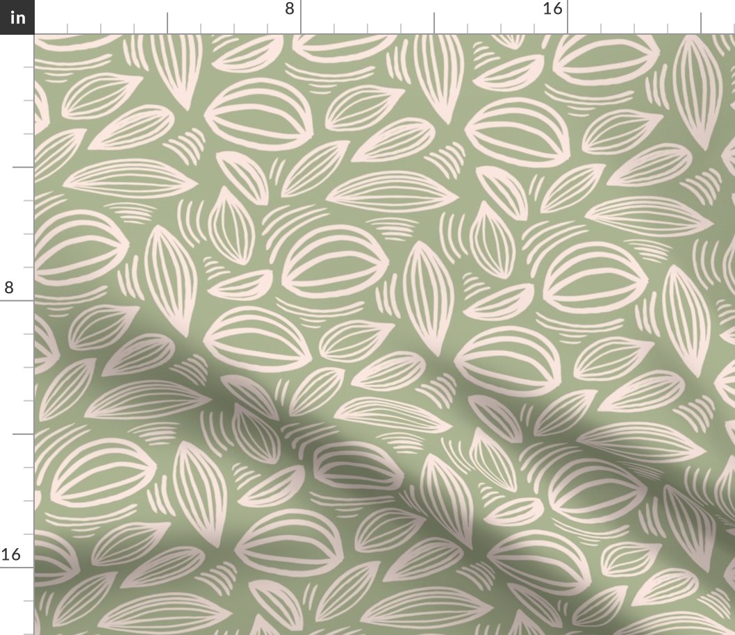 Abstract organic Scandinavian style shells leaf shapes nursery soft nude cream on olive green 