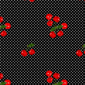 Hand drawn cherries on black backgr with white small polka dots_large scale