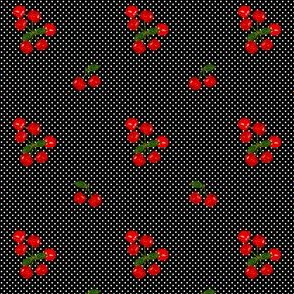 Hand drawn cherries on black backgr with white small polka dots_small scale