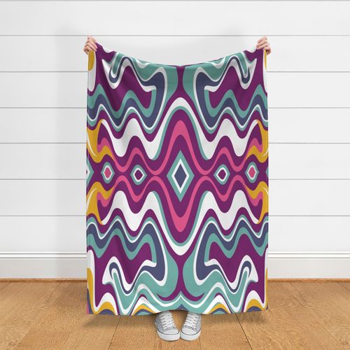 Colorful Bohemian Liquid Mid Century Modern Waves // Grape Purple, Turquoise Blue, Fuchsia Pink, Jonquil Yellow, Navy Blue, White // V3 // Formatted for Spoonflower Curtains