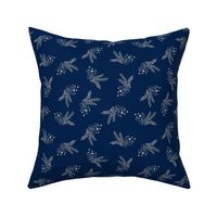 Enoki Mushroom and forest leaves navy blue and beige