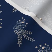 Enoki Mushroom and forest leaves navy blue and beige