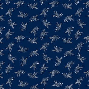 Enoki Mushroom and forest leaves navy blue and beige