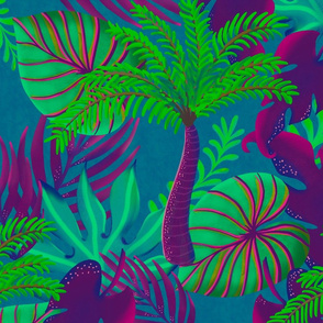 Whimsical Tropical botanical forest large green, teal, purple