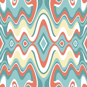 Bohemian Liquid Mid Century Modern Waves // Sky Blue, Teal, Light Terra Cotta, Butter Yellow,  White // V1 // Formatted for Spoonflower Curtains