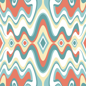 Bohemian Liquid Mid Century Modern Waves // Sky Blue, Teal, Light Terra Cotta, Butter Yellow,  White // V2 // Formatted for Spoonflower Curtains