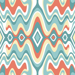 Bohemian Liquid Mid Century Modern Waves // Sky Blue, Teal, Light Terra Cotta, Butter Yellow,  White // V3 // Formatted for Spoonflower Curtains