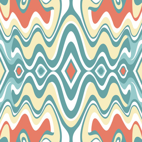 Bohemian Liquid Mid Century Modern Waves // Sky Blue, Teal, Light Terra Cotta, Butter Yellow,  White // V4 // Formatted for Spoonflower Curtains