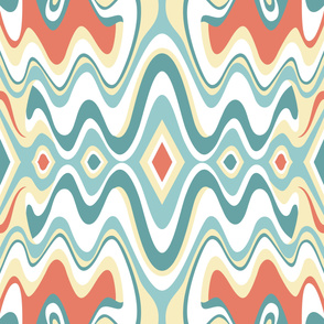 Bohemian Liquid Mid Century Modern Waves // Sky Blue, Teal, Light Terra Cotta, Butter Yellow,  White // V5 // Formatted for Spoonflower Curtains