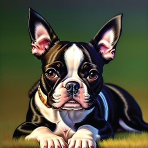Boston Terrier cute dog and green background