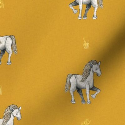 Happy White Horses - Medium  on mustard Linen