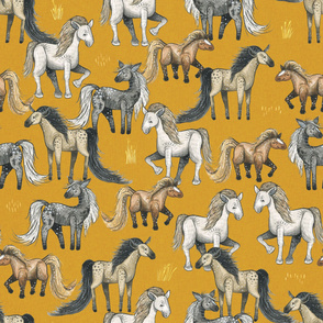 Happy Horse Herd - large on mustard linen