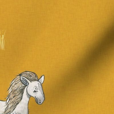 Happy White Horses - Large on mustard Linen
