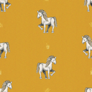 Happy White Horses - Large on mustard Linen