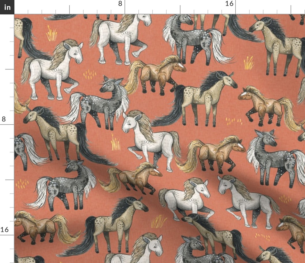 Happy Horse Herd - medium on coral linen
