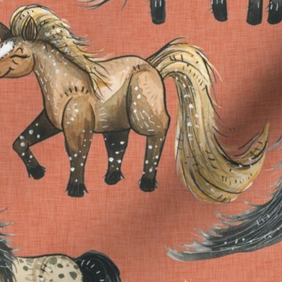 Happy Horse Herd - large on coral linen