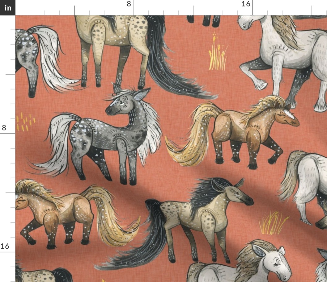 Happy Horse Herd - large on coral linen