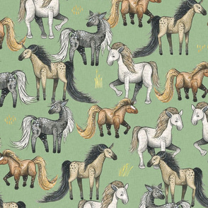 Happy Horse Herd - medium on green linen