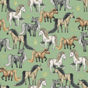 Happy Horse Herd - large on green linen