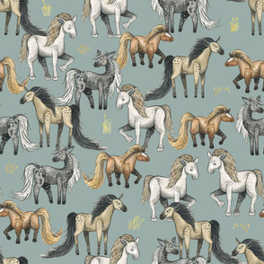 Happy Horse Herd - large on grey blue