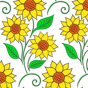 Wild Blossoming Sunny Sunflower - Wind in Grass Fields - Golden Yellow Floral Retro Pattern with Green Leaves - Colorful Pencil Line Dream Art - Mega Large Scale Renew