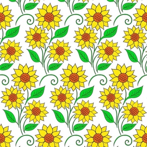 Wild Blossoming Sunny Sunflower - Wind in Grass Fields - Golden Yellow Floral Retro Pattern with Green Leaves - Colorful Pencil Line Dream Art - Large Scale Renew