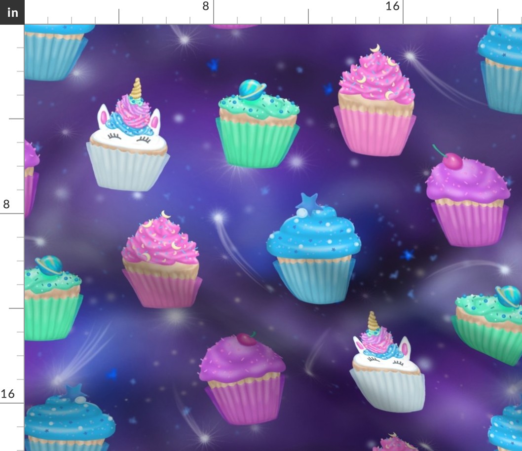 Galaxy Unicorn Cupcakes, Rainbow Unicorn Kids Fabric, large scale