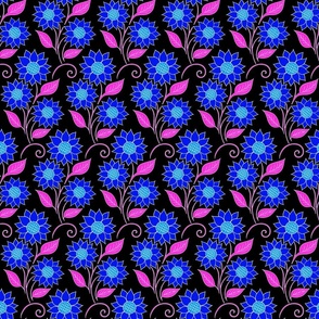 Cosmic Bioluminescence Wild Blossoming Mystic Sunny Sunflower - Wind in Grass Fields - Black Blue Floral Retro Pattern with Pink Leaves - Colorful Pencil Line Dream Art - Small Scale Renew