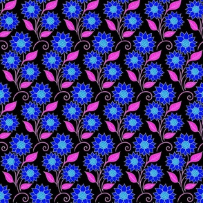 Cosmic Bioluminescence Wild Blossoming Mystic Sunny Sunflower - Wind in Grass Fields - Black Blue Floral Retro Pattern with Pink Leaves - Colorful Pencil Line Dream Art - Small Scale
