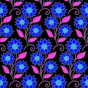 Cosmic Bioluminescence Wild Blossoming Mystic Sunny Sunflower - Wind in Grass Fields - Black Blue Floral Retro Pattern with Pink Leaves - Colorful Pencil Line Dream Art - Large Scale Renew