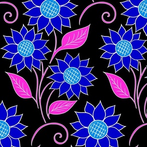 Cosmic Bioluminescence Wild Blossoming Mystic Sunny Sunflower - Wind in Grass Fields - Black Blue Floral Retro Pattern with Pink Leaves - Colorful Pencil Line Dream Art - Mega Large Scale Renew