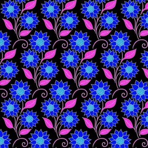 Cosmic Bioluminescence Wild Blossoming Mystic Sunny Sunflower - Wind in Grass Fields - Black Blue Floral Retro Pattern with Pink Leaves - Colorful Pencil Line Dream Art - Middle Scale Renew