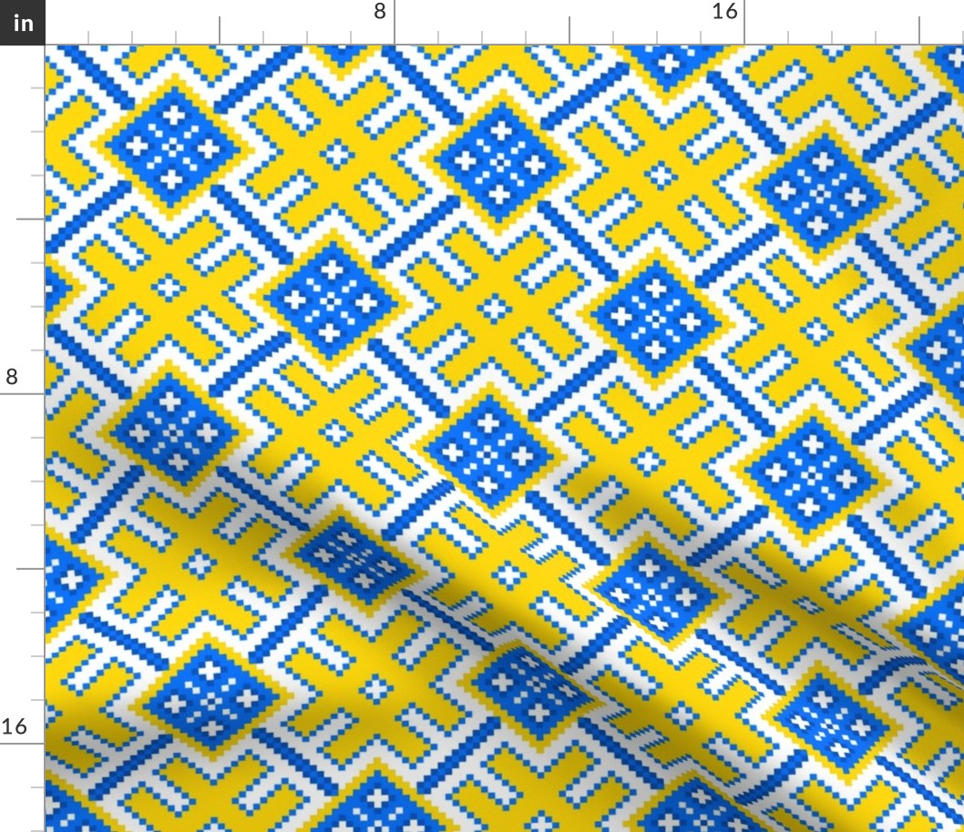 Fertile Land - Ethno Slavic Symbol Folk Pattern - Orepey Sown Field - Obereg Ornament - Yellow Blue White - Middle Scale  