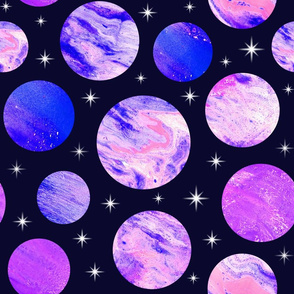 Pink , magenta, blue and violet painted planets and stars. Outer space