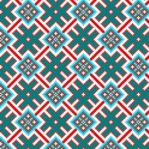 Fertile Land - Ethno Slavic Symbol Folk Pattern - Orepey Sown Field - Obereg Ornament - Cyan Teal Green Blue Scarlet Red White - Middle Scale - Christmas Color