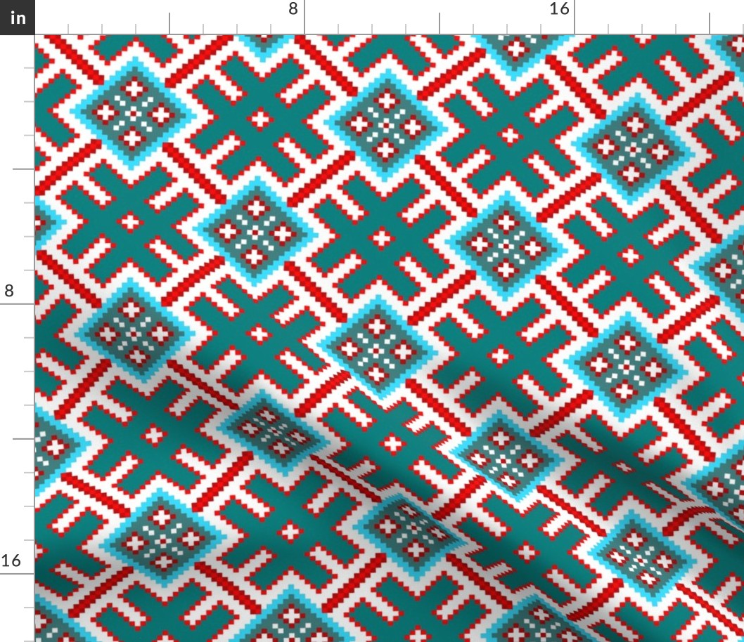 Fertile Land - Ethno Slavic Symbol Folk Pattern - Orepey Sown Field - Obereg Ornament - Cyan Teal Green Blue Scarlet Red White - Middle Scale - Christmas Color