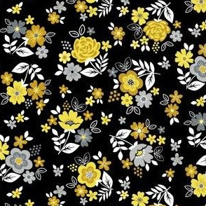 Ditsy folk flowers yellow on black