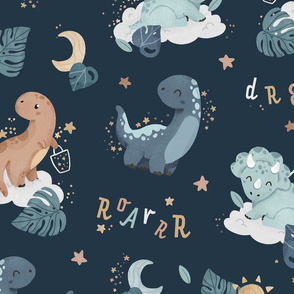 Dino Dream - navy - wallpaper