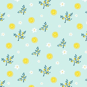 pattern with lemons lemon trees and flowers on a blue background.