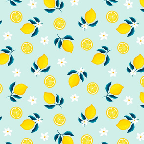 pattern with lemons and flowers on a blue background