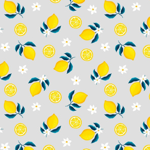 pattern with lemons and flowers on a grey background