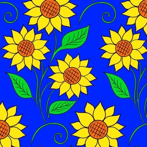 Wild Blossoming Sunny Sunflower - Wind in Grass Fields - Golden Yellow Floral Retro Pattern with Green Leaves on Blue - Colorful Pencil Line Dream Art - Mega Large Scale Renew