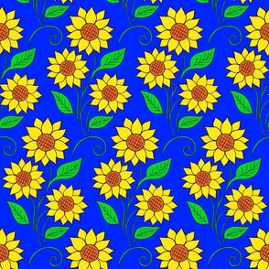 Wild Blossoming Sunny Sunflower - Wind in Grass Fields - Golden Yellow Floral Retro Pattern with Green Leaves on Blue - Colorful Pencil Line Dream Art - Large Scale Renew