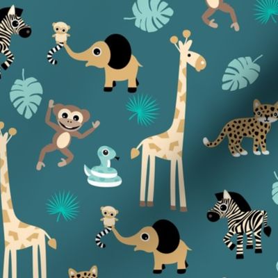 Adorable little African safari animals  elephant zebra giraffe snake and lemur kids design teal stone blue brown cinnamon boys