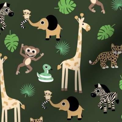 Adorable little African safari animals  elephant zebra giraffe snake and lemur kids design camo green brown earthy 