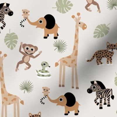Adorable little African safari animals  elephant zebra giraffe snake and lemur kids design beige brown green neutral 