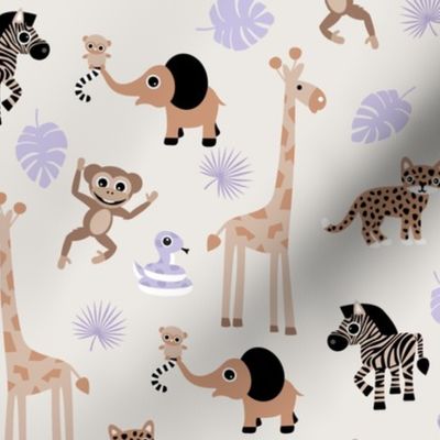 Adorable little African safari animals  elephant zebra giraffe snake and lemur kids design beige brown lilac purple neutral