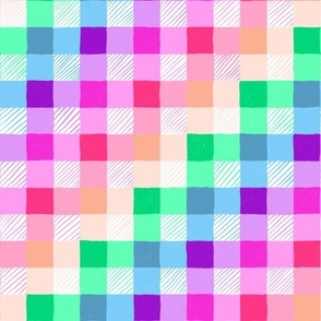 Pencil scribble gingham in rainbow check